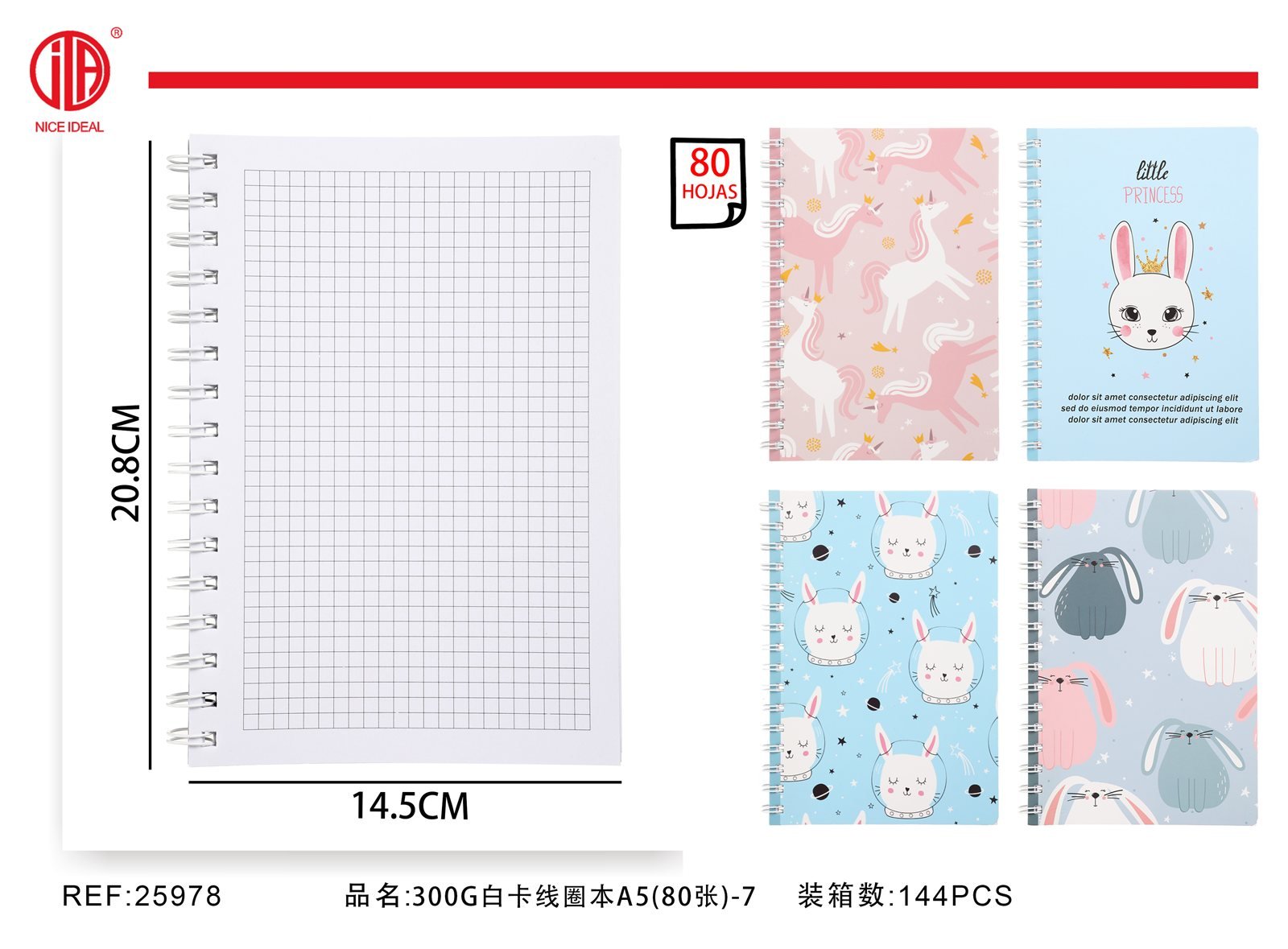 Cuaderno cuadriculado A5 con espiral, 80 hojas, conejos y unicornios