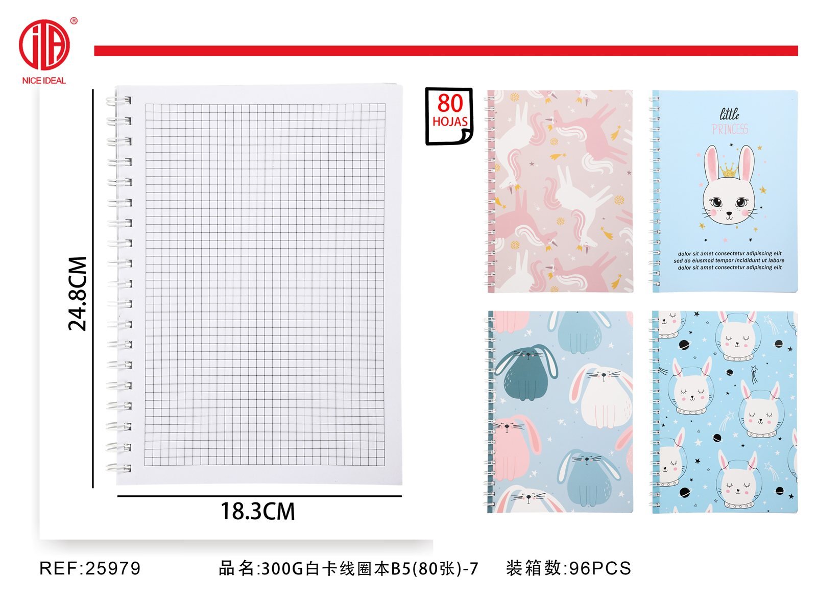 Cuaderno cuadriculado B5 con espiral, 80 hojas, conejos y unicornios