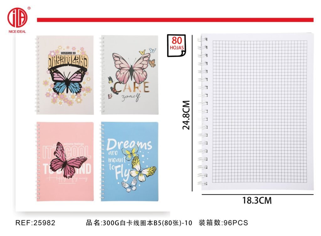 Cuaderno cuadriculado B5 con espiral, 80 hojas, mariposas