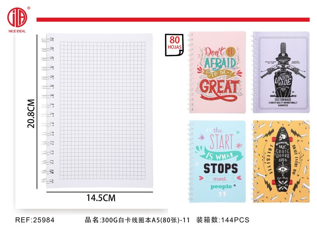 Cuaderno cuadriculado A5 con espiral, 80 hojas, diseños motivacionales