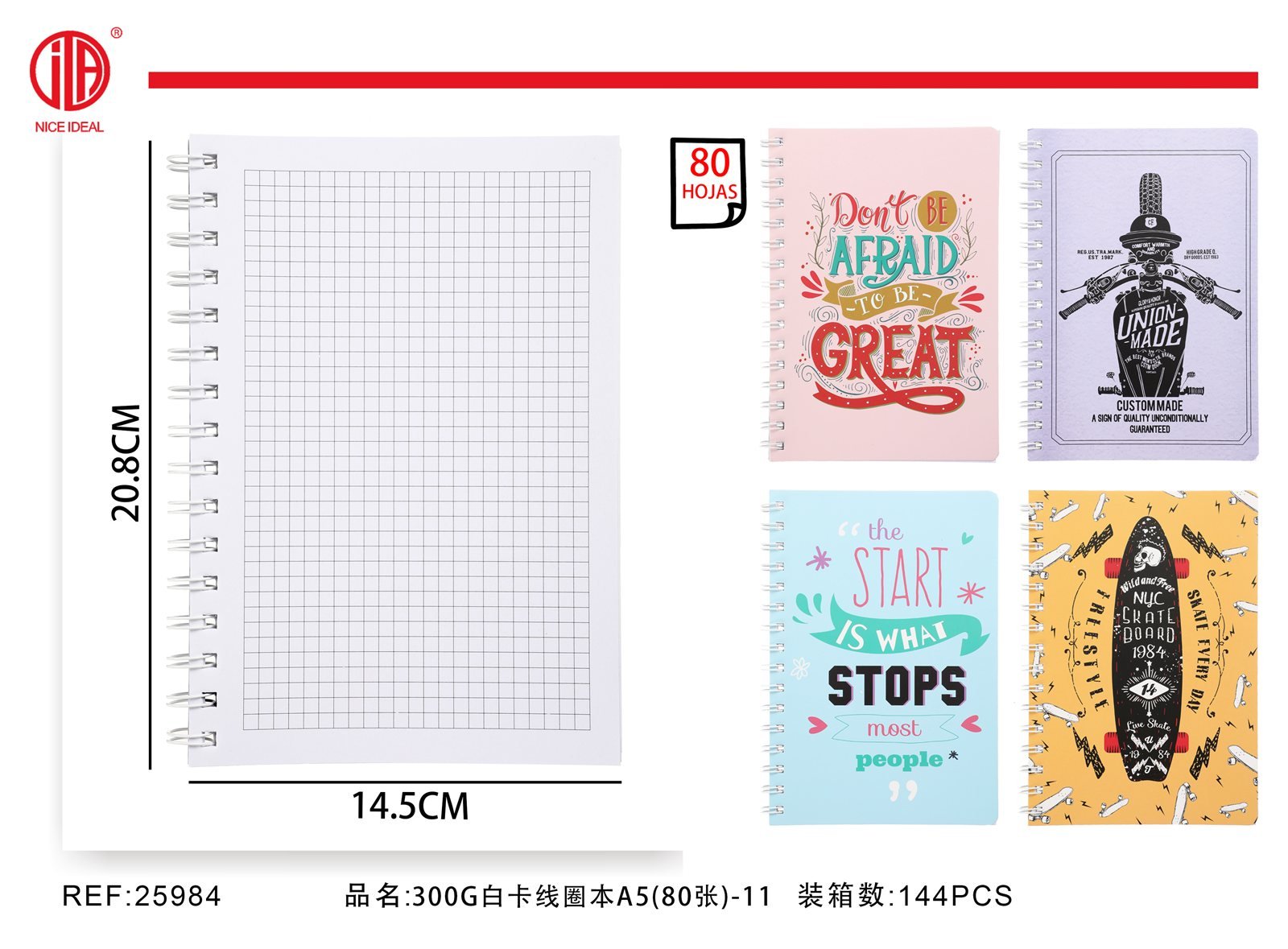 Cuaderno cuadriculado A5 con espiral, 80 hojas, diseños motivacionales