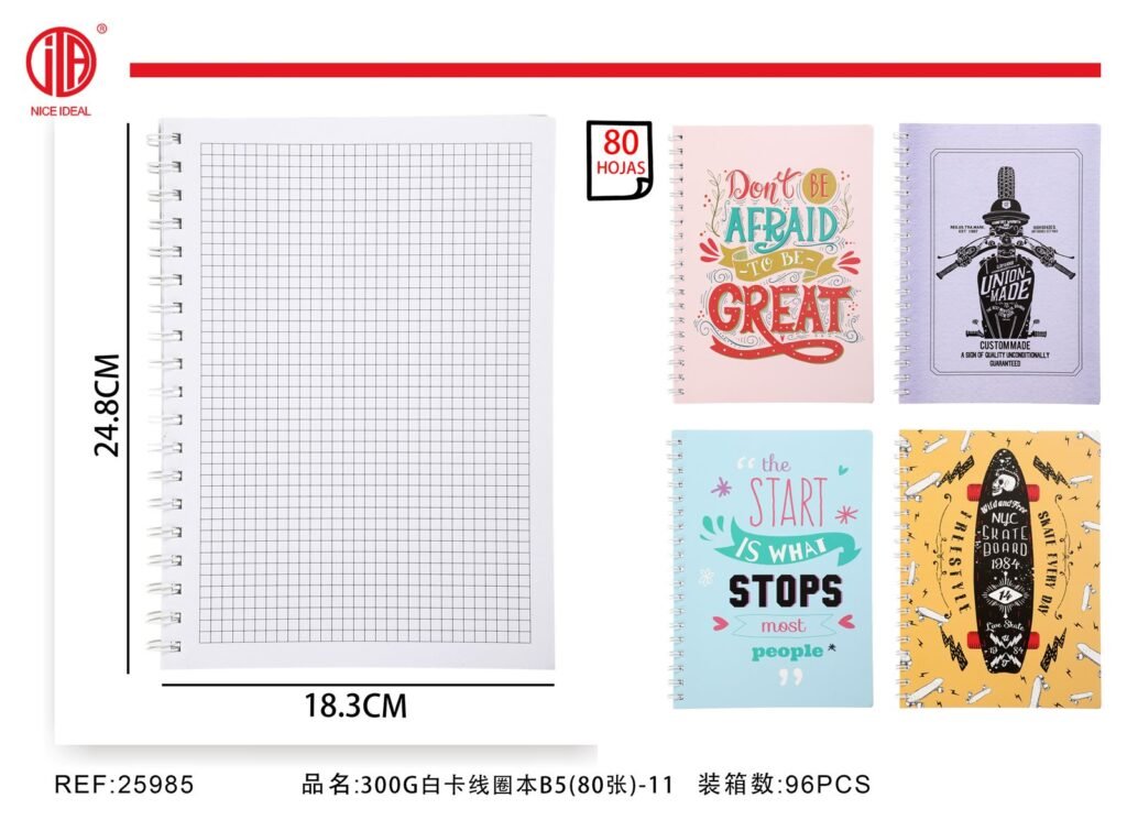 Cuaderno cuadriculado B5 con espiral, 80 hojas, diseños motivacionales