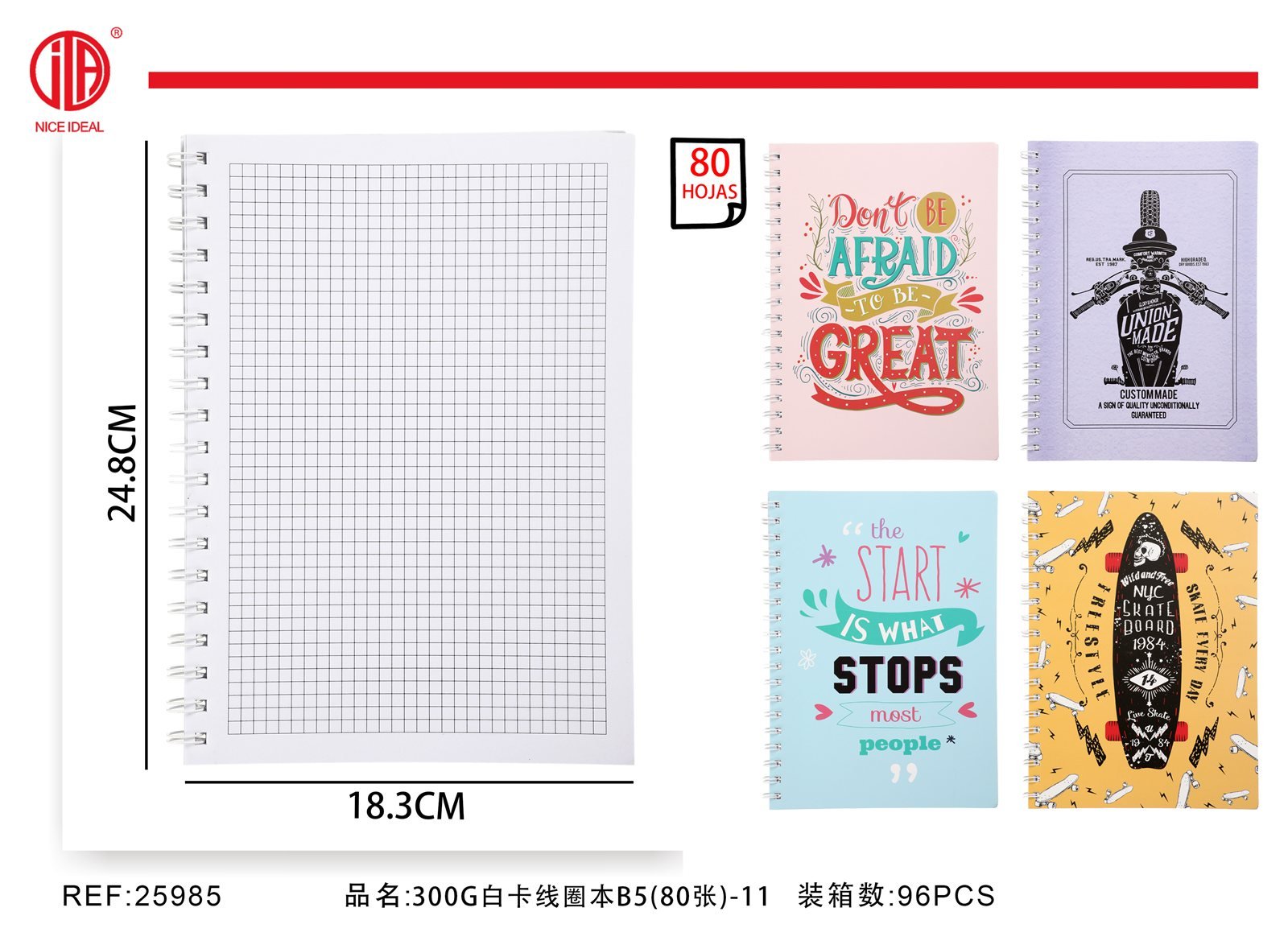 Cuaderno cuadriculado B5 con espiral, 80 hojas, diseños motivacionales