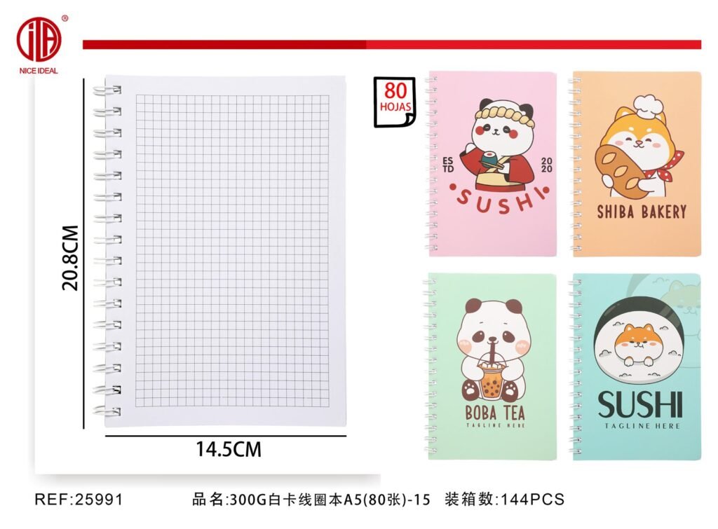 Cuaderno cuadriculado A5 con espiral, 80 hojas, animales y comida