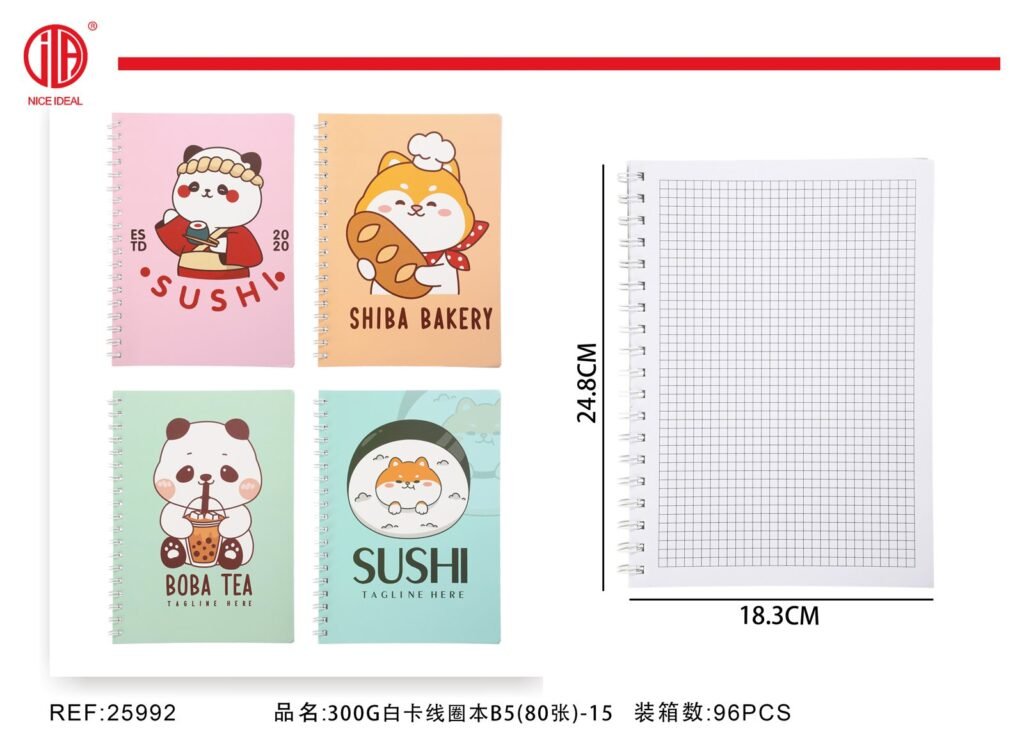 Cuaderno cuadriculado B5 con espiral, 80 hojas, animales y comida