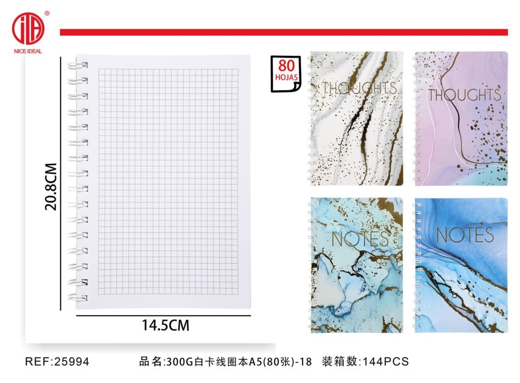 Cuaderno cuadriculado A5 con espiral, 80 hojas, efecto mármol