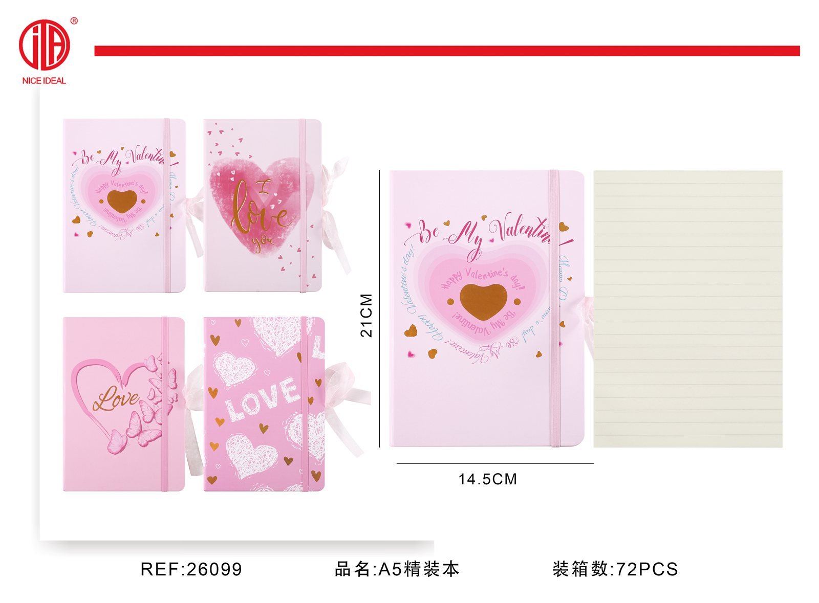 Cuaderno empastado A5 rayado con diseño de corazones