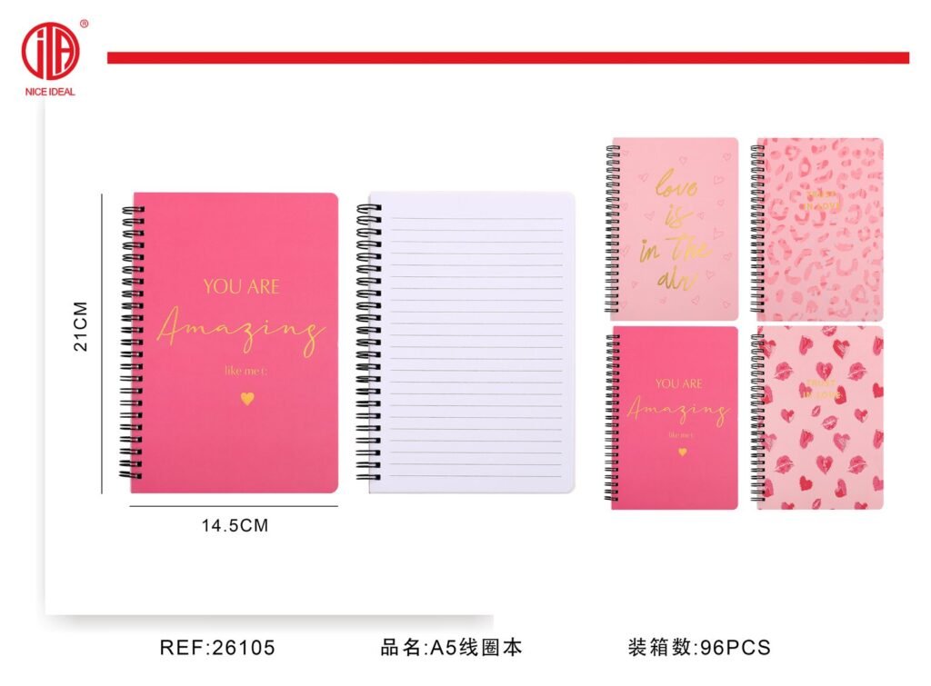 Cuaderno rayado A5 con espiral, diseño rosado
