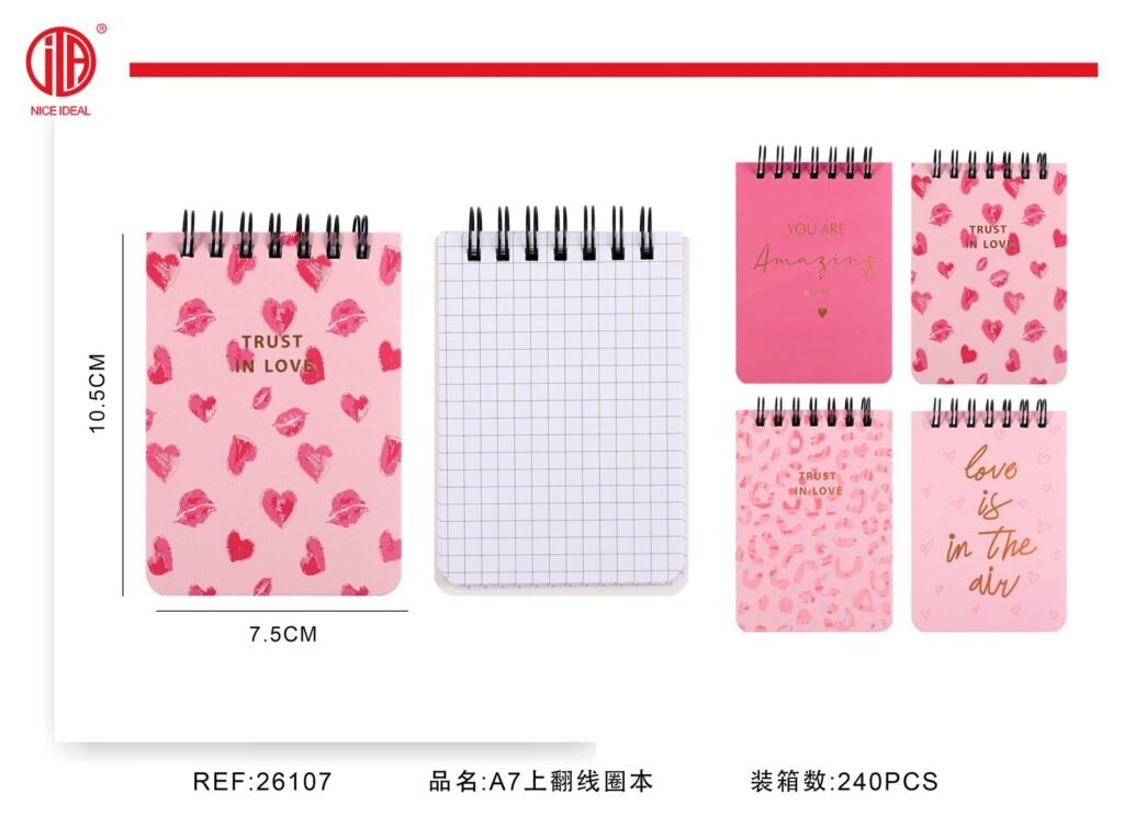 Libreta cuadriculada A7 con espiral superior, diseño rosado