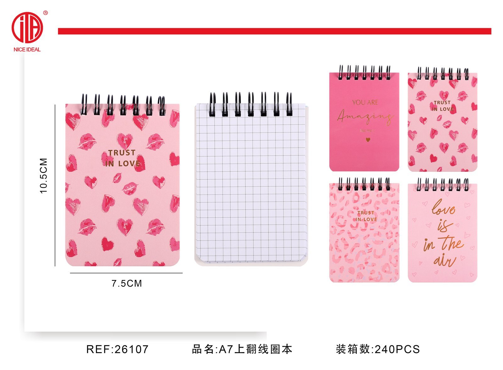 Libreta cuadriculada A7 con espiral superior, diseño rosado