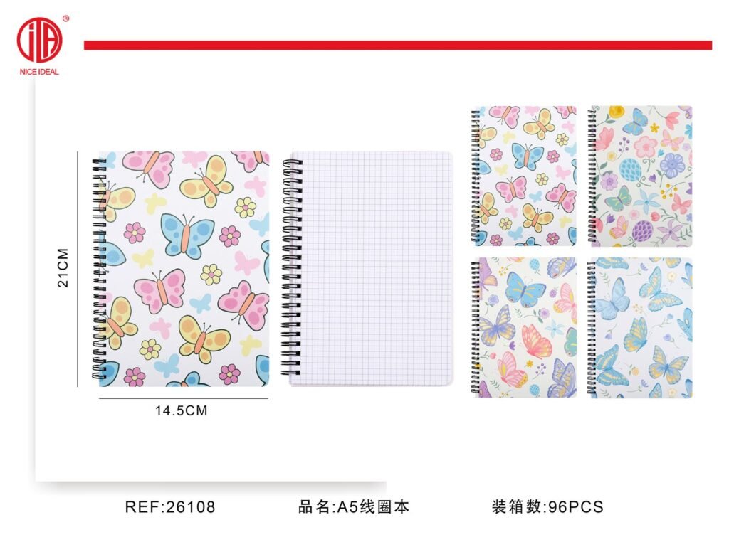Cuaderno cuadriculado A5 con espiral, mariposas