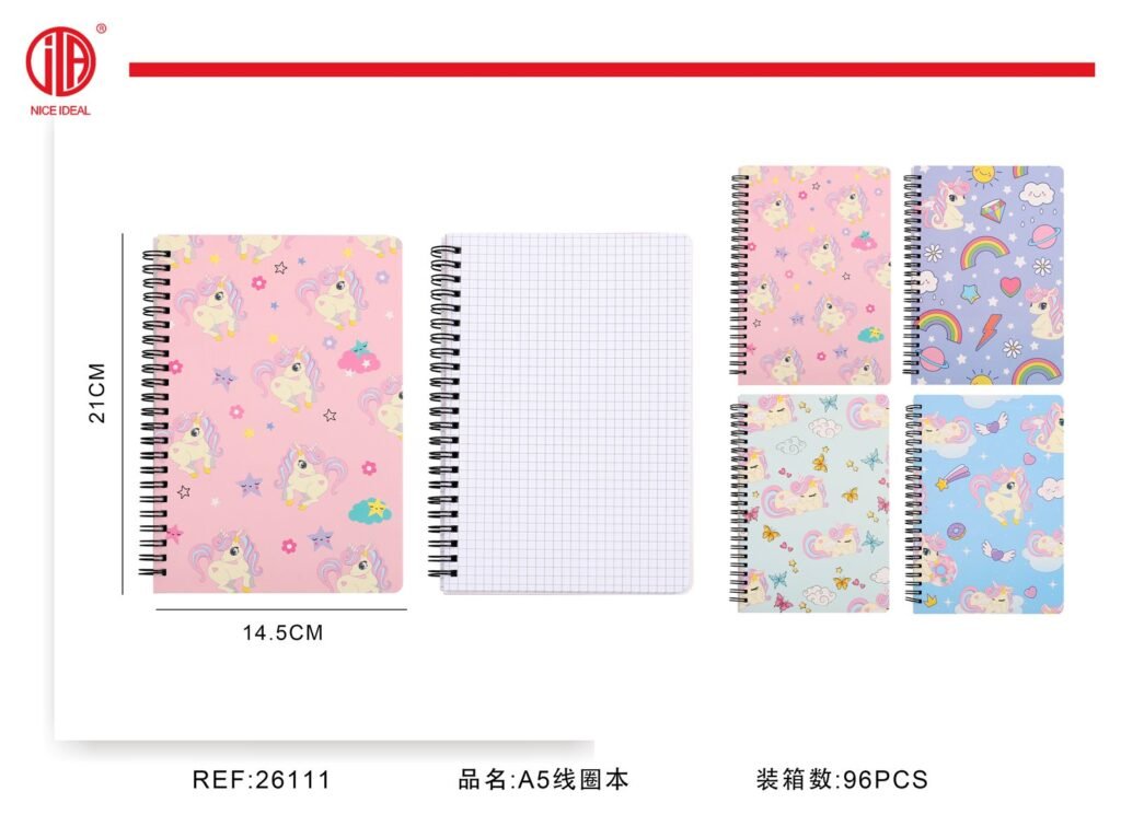 Cuaderno cuadriculado A5 con espiral, unicornios
