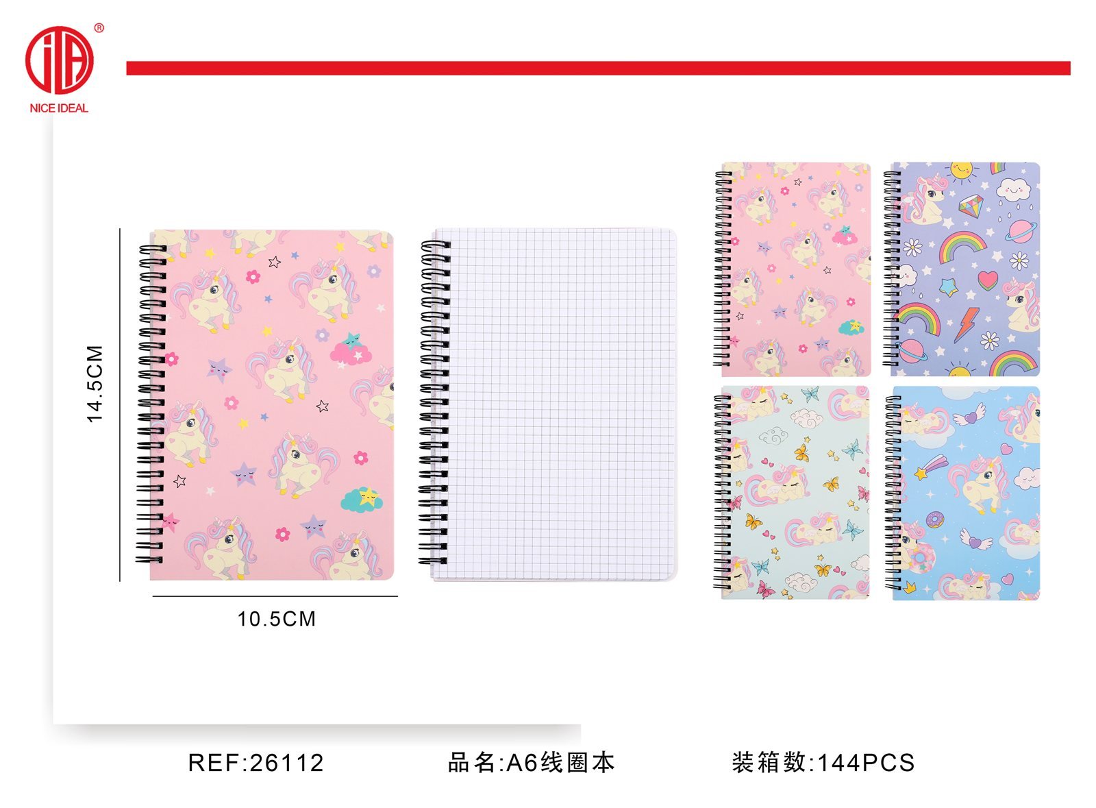 Cuaderno cuadriculado A6 con espiral, unicornios