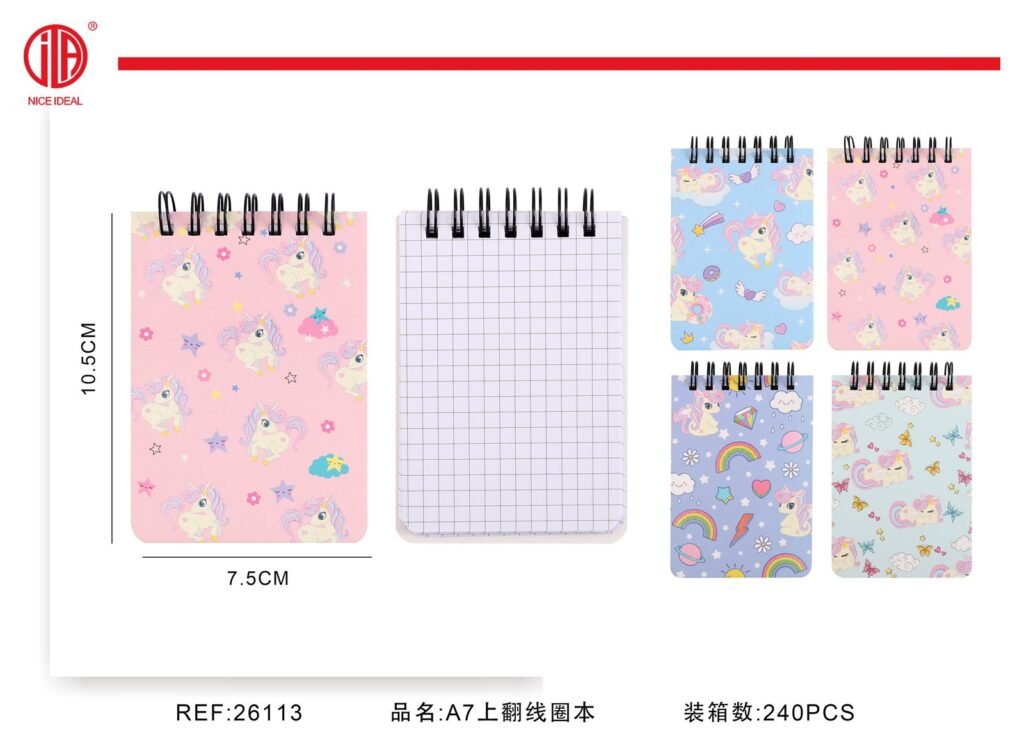 Libreta cuadriculada A7 con espiral superior, unicornios