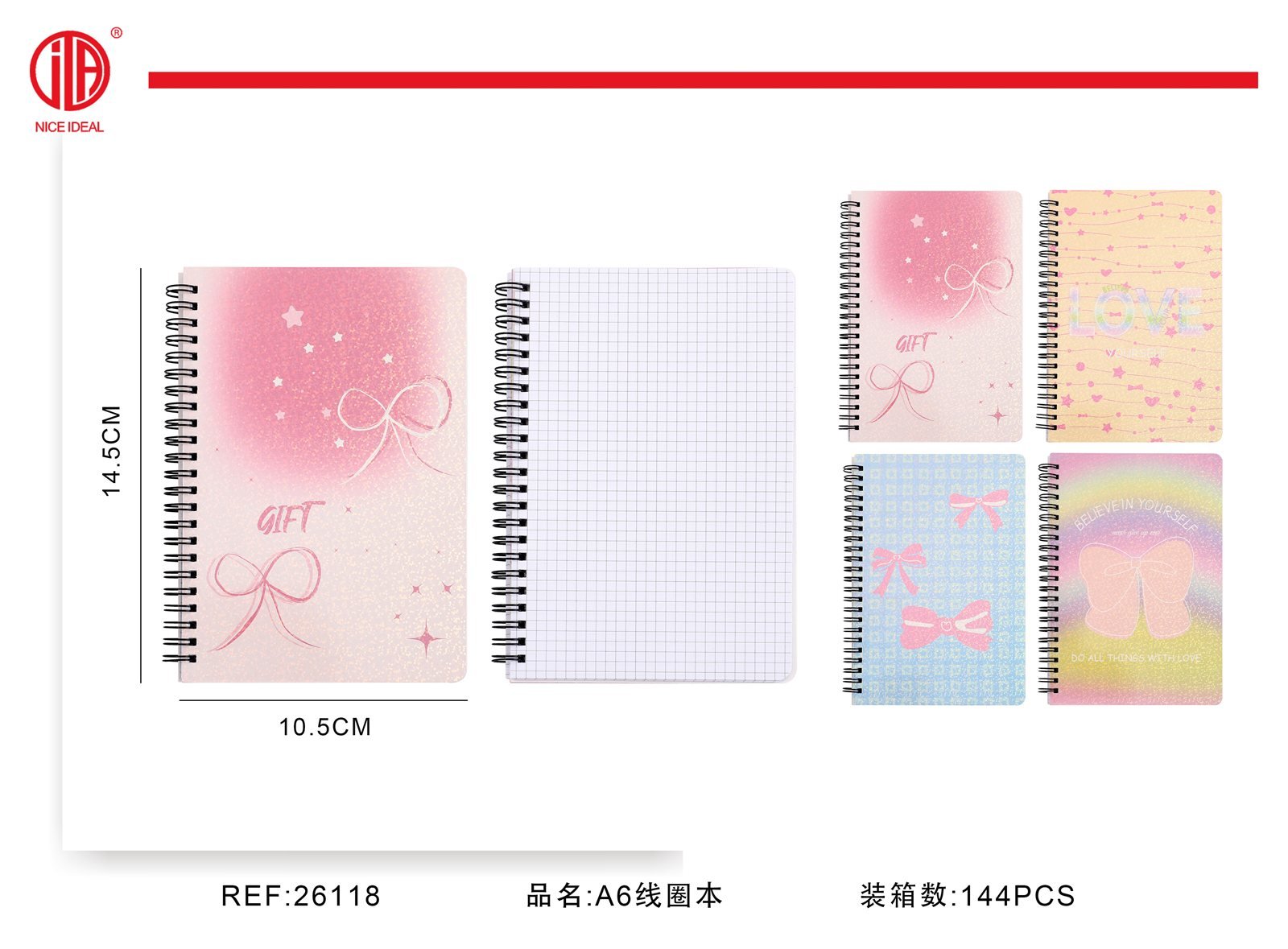 Cuaderno cuadriculado A6 con espiral, lazos pastel