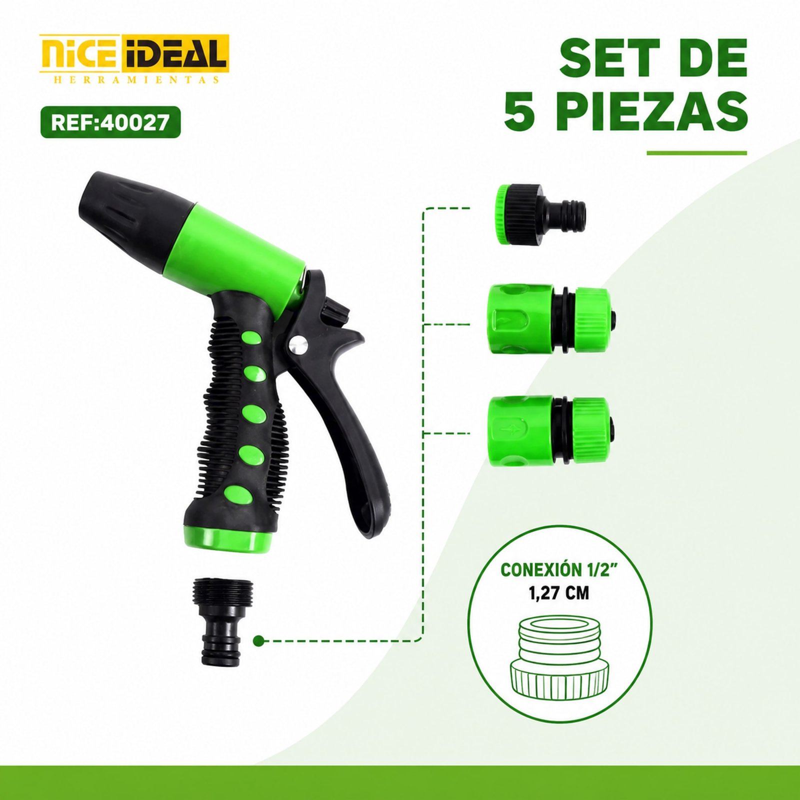 Set de pistola de riego de 5 piezas con conexión de 1/2 pulgada y 1,27 cm