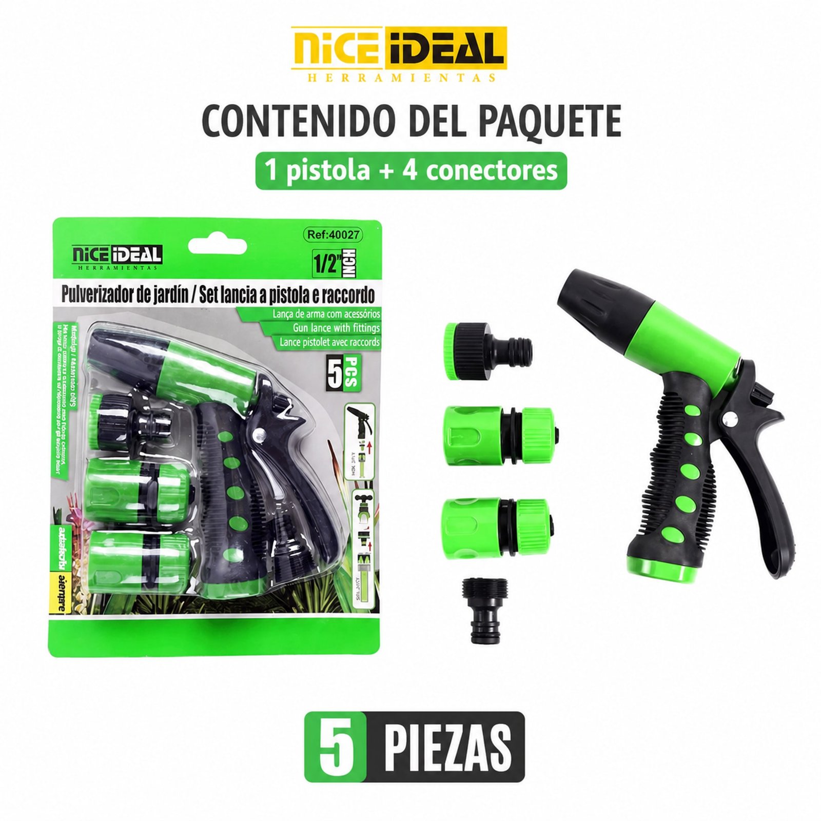 Contenido del paquete: una pistola de riego y cuatro conectores