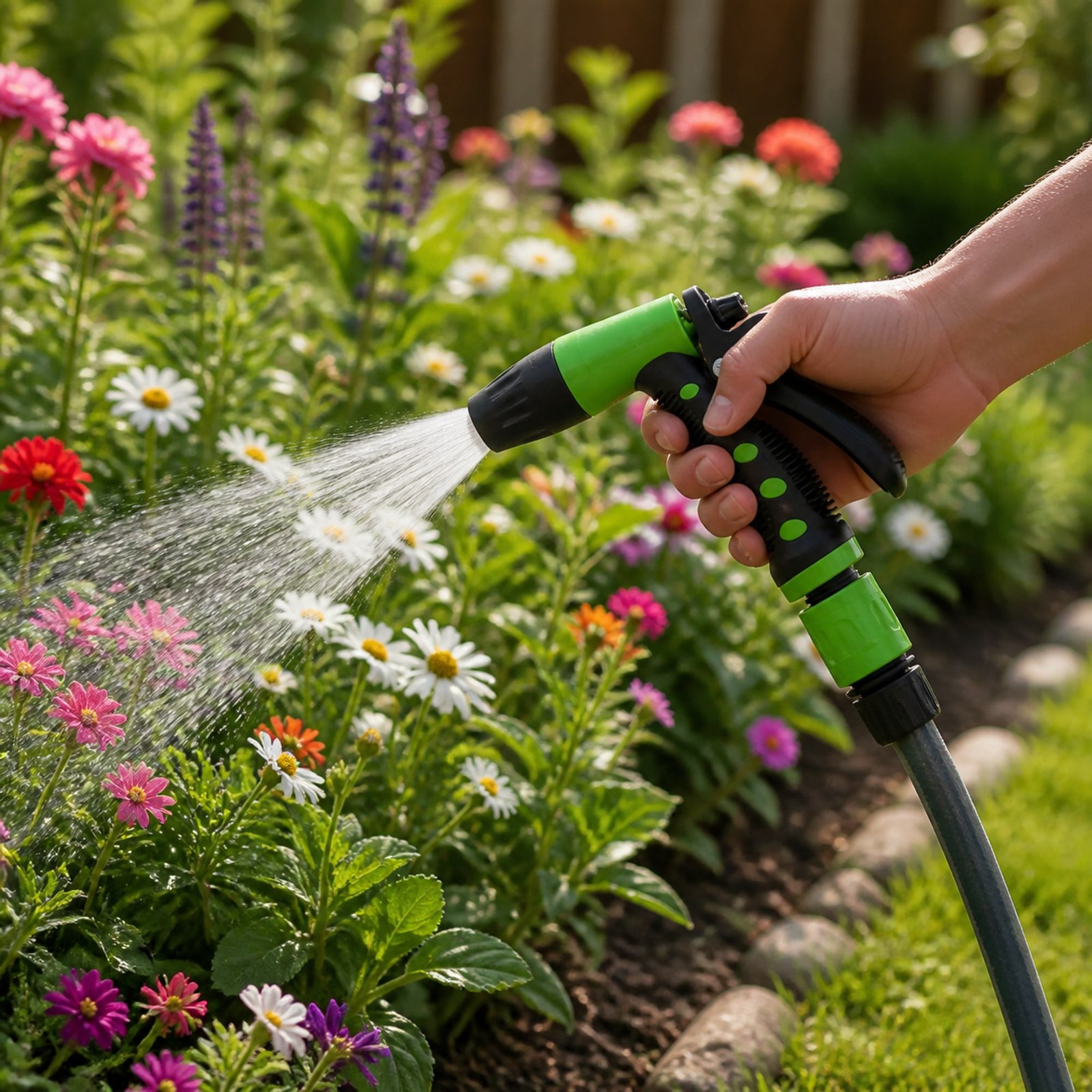 Pistola de riego utilizada para regar flores en el jardín