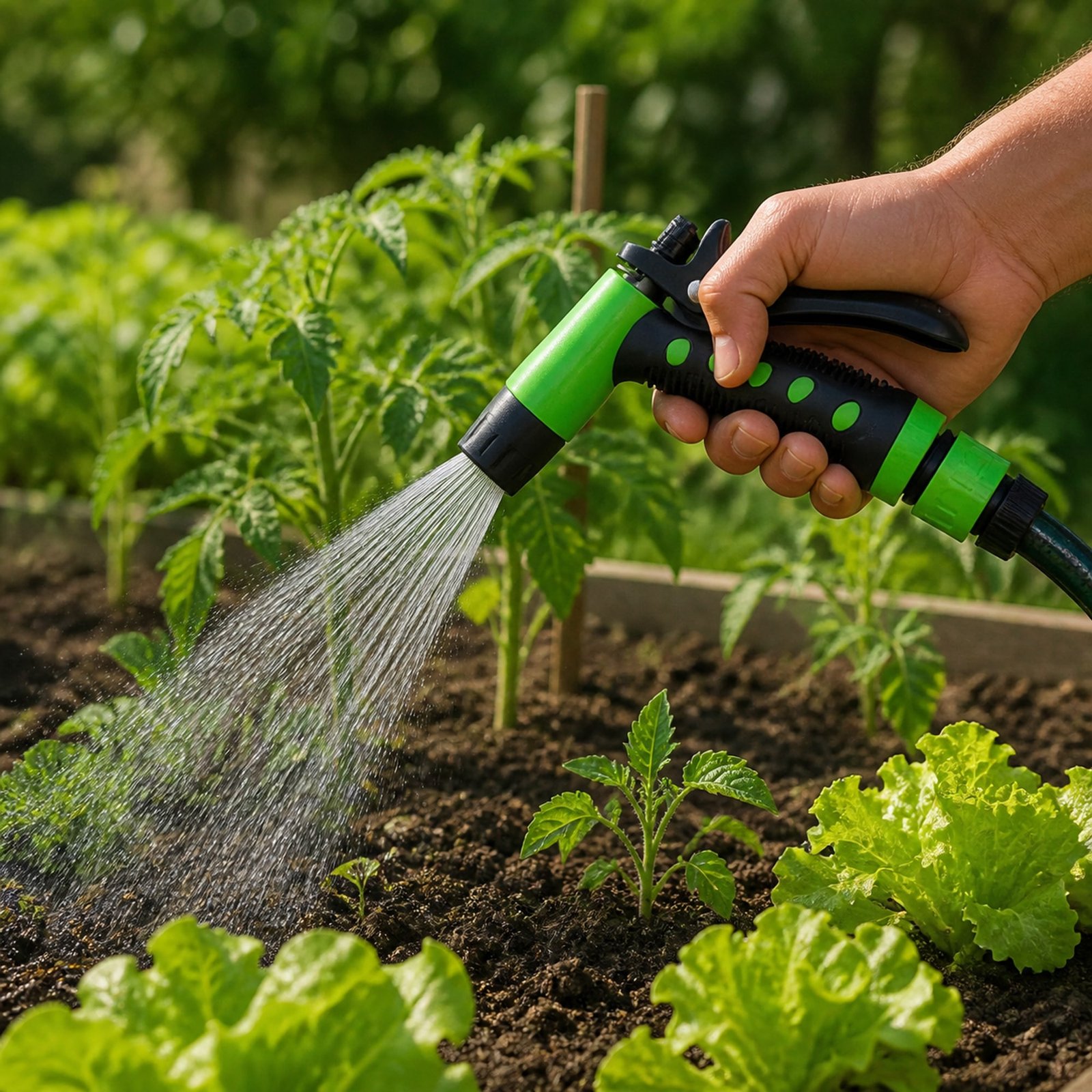 Pistola de riego utilizada para regar un huerto y plantas jóvenes