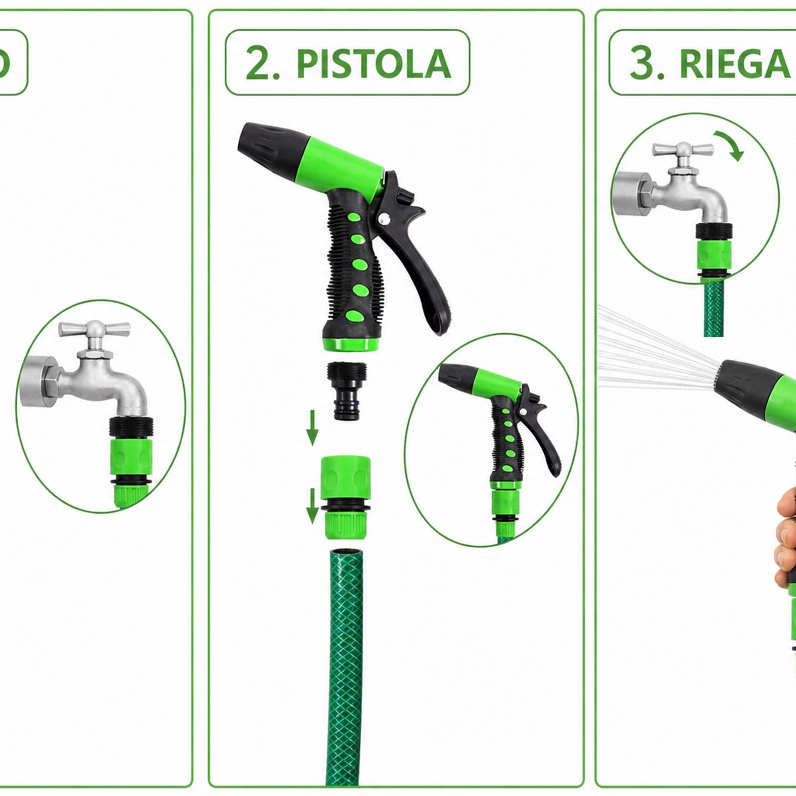Instalación del set de pistola de riego entre grifo, manguera y pistola