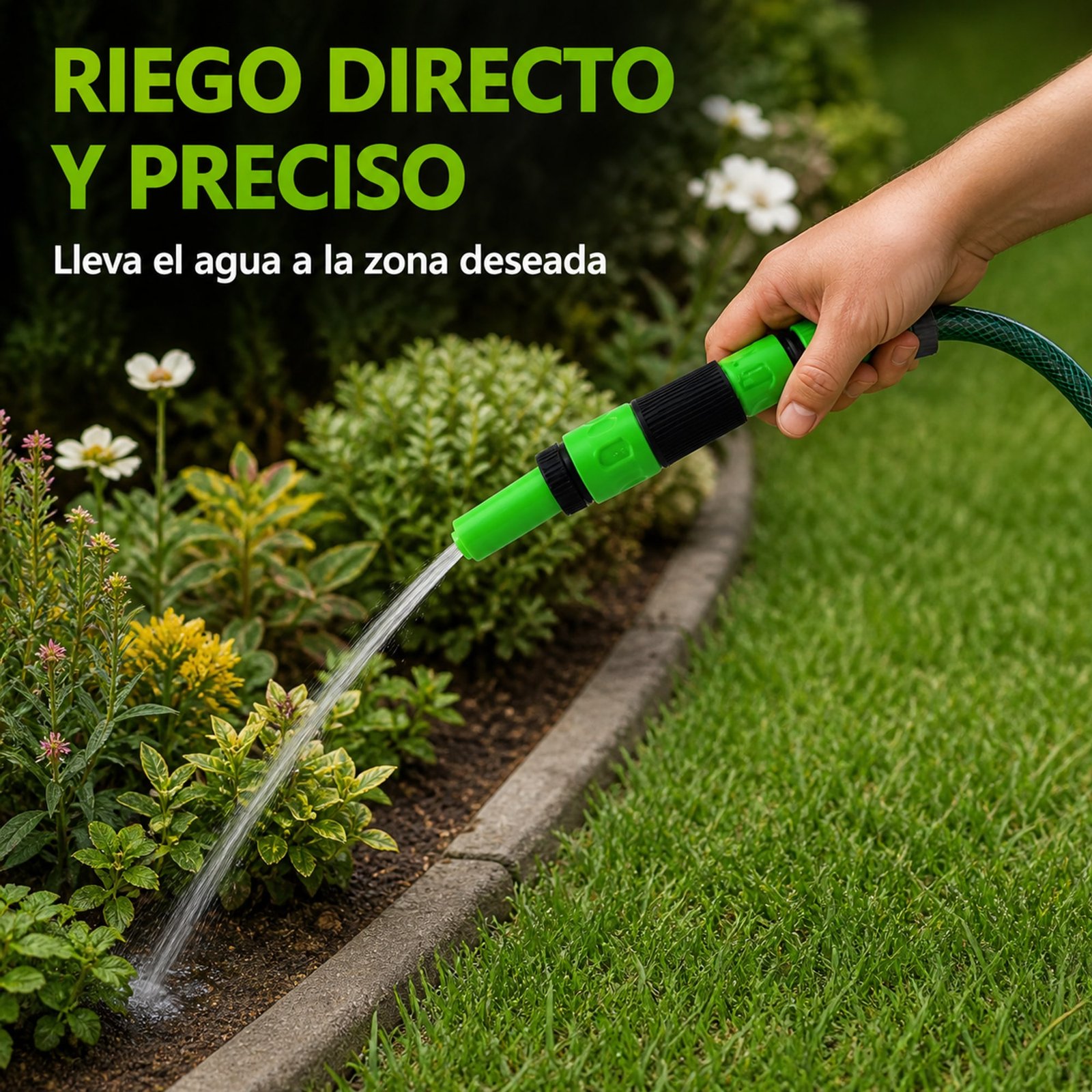 Lanza de riego conectada a una manguera con chorro dirigido para jardín