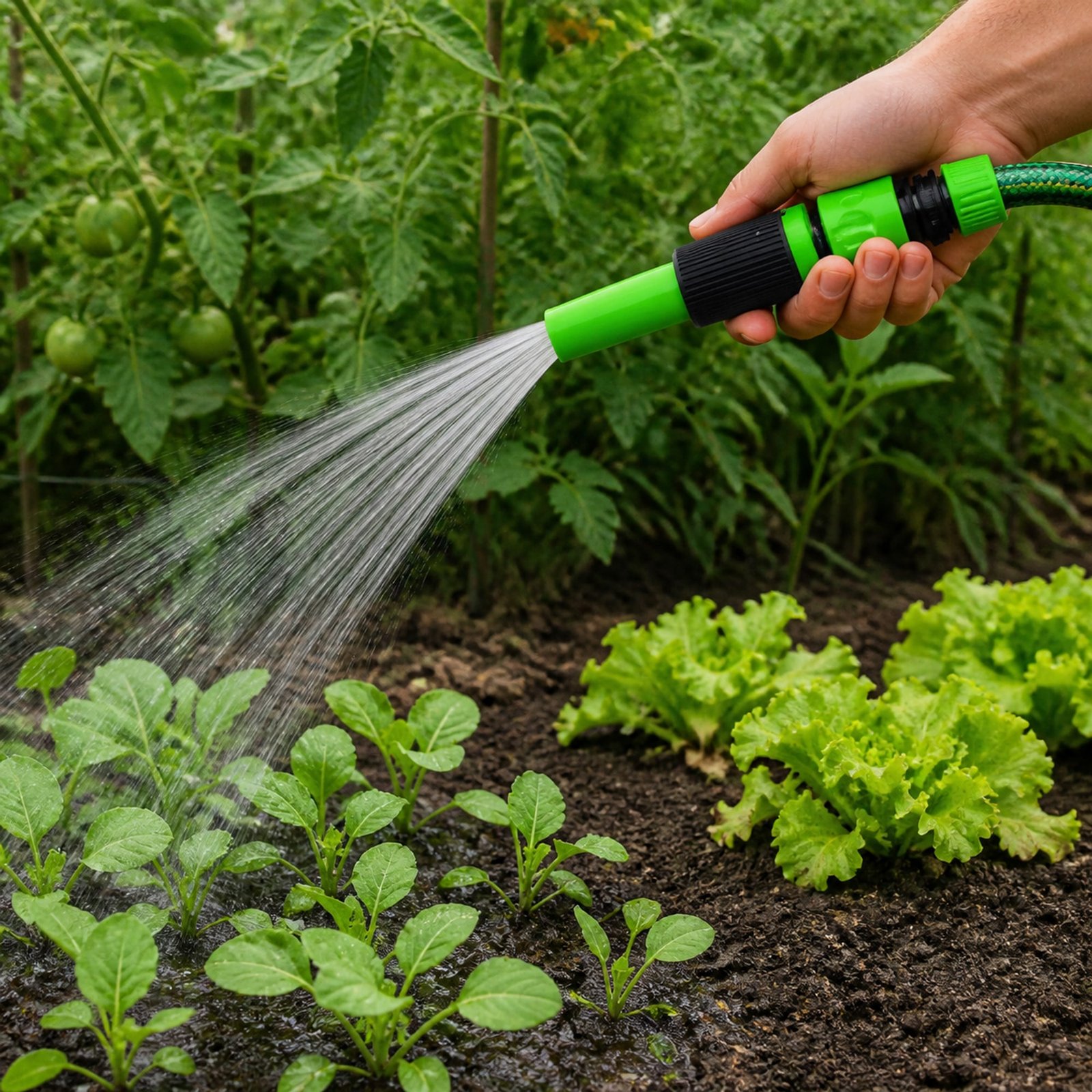 Lanza de riego utilizada para regar huerto y plantas jóvenes