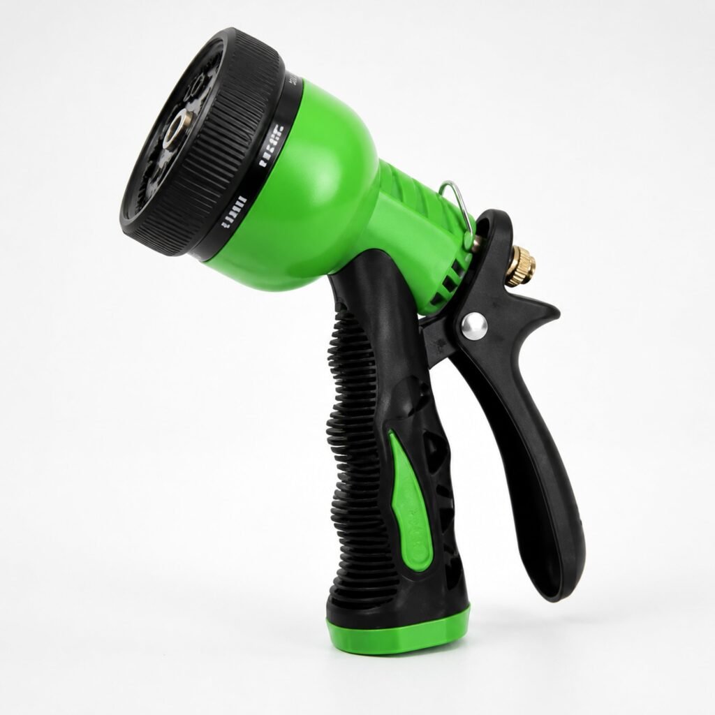 Pistola de riego verde y negra con gatillo y cabezal de 8 modos, SKU 40029