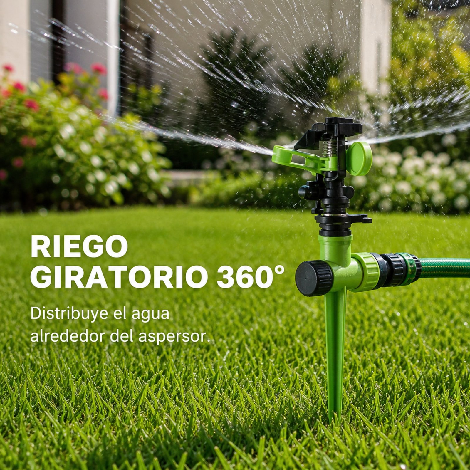 Aspersor con estaca distribuyendo agua mediante giro de 360 grados