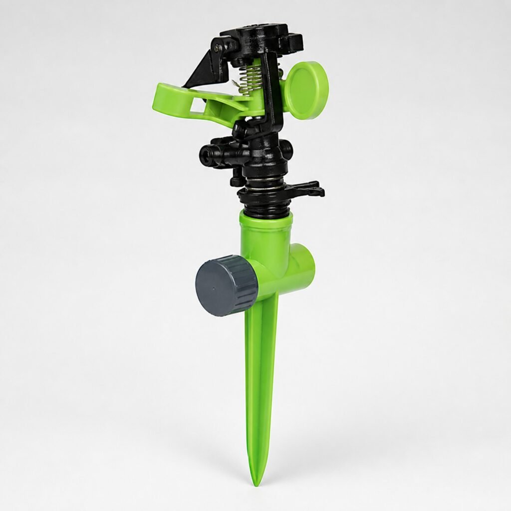 Aspersor de riego giratorio 360 grados verde y negro con estaca, SKU 40030