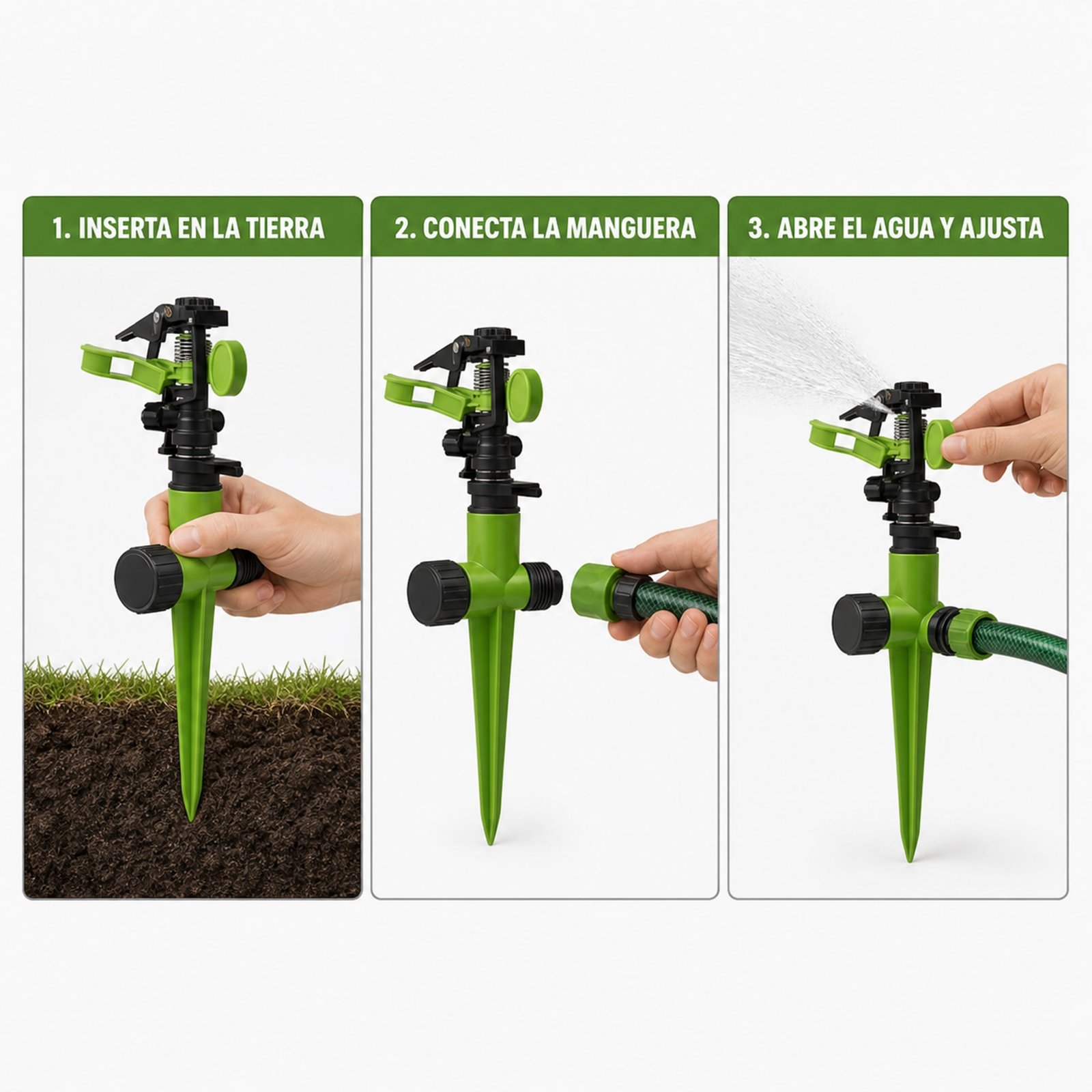 Pasos para insertar, conectar la manguera y ajustar el aspersor
