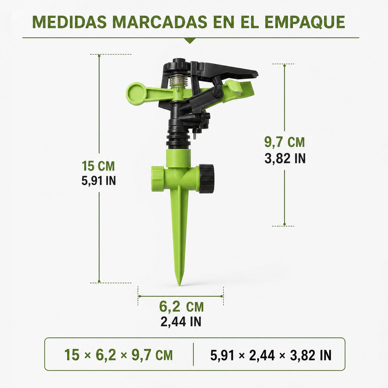 Medidas del aspersor indicadas en centímetros y pulgadas según el empaque