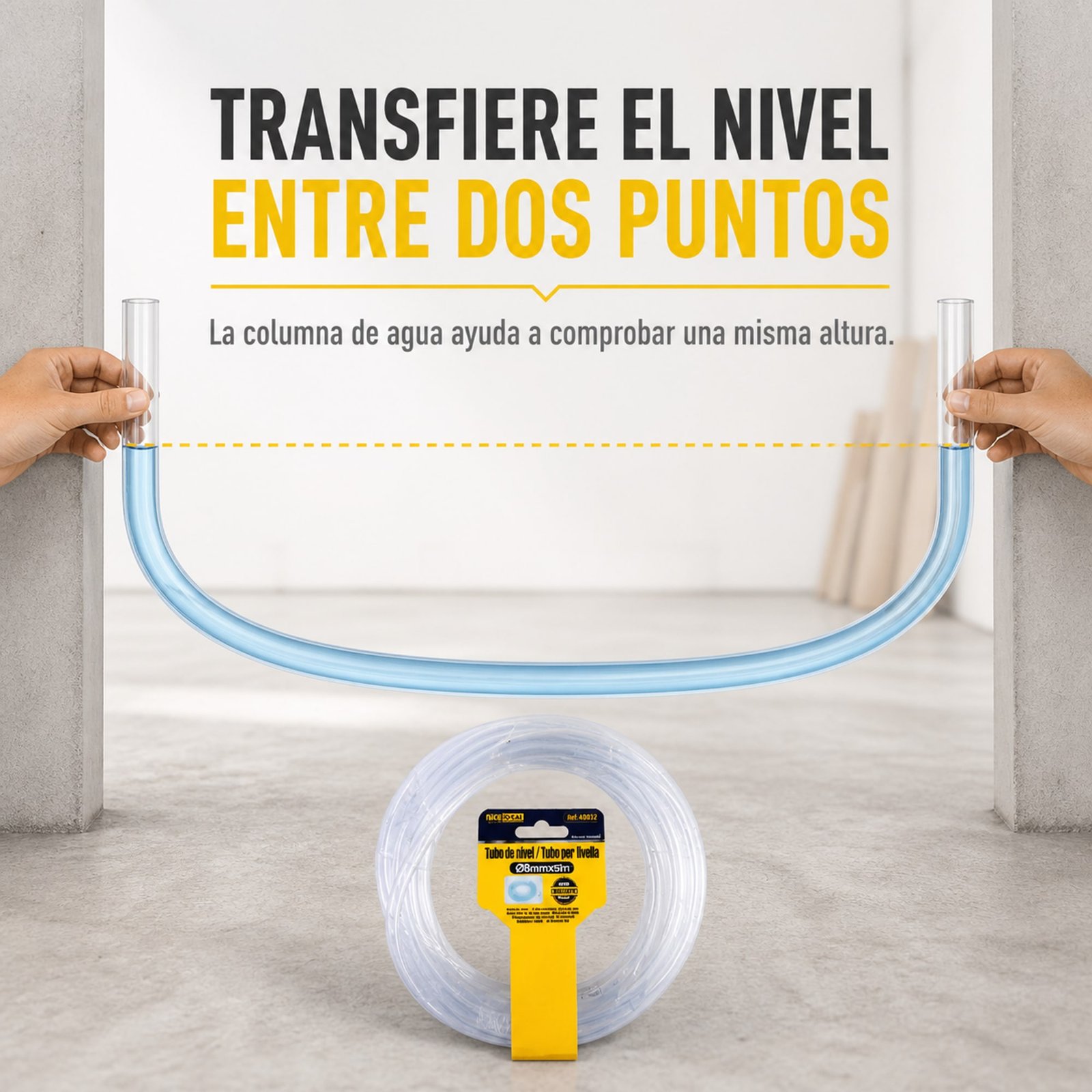 Tubo con columna de agua transfiriendo el nivel entre dos puntos