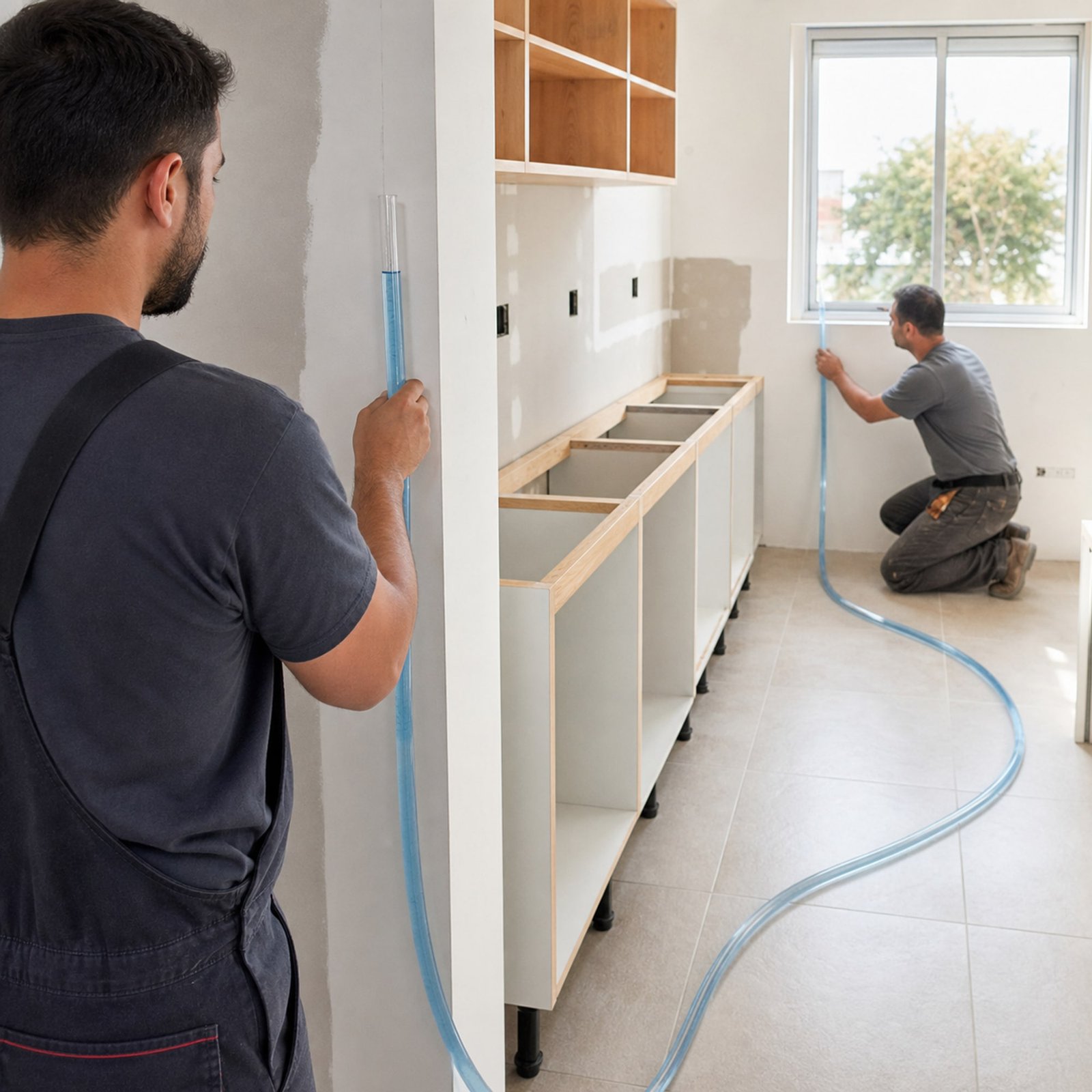 Instaladores transfiriendo una altura durante la instalación de muebles de cocina
