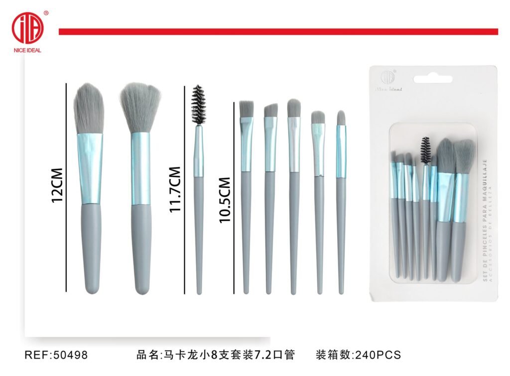 Set de 8 pinceles de maquillaje, gris y celeste