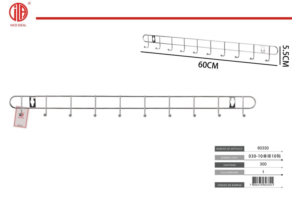 Perchero metalico de pared con 10 ganchos