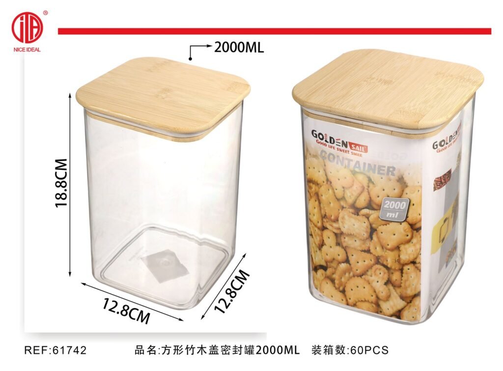Frasco hermetico cuadrado con tapa de bambu de 2000 ml