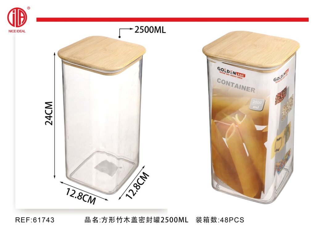 Frasco hermetico cuadrado con tapa de bambu de 2500 ml