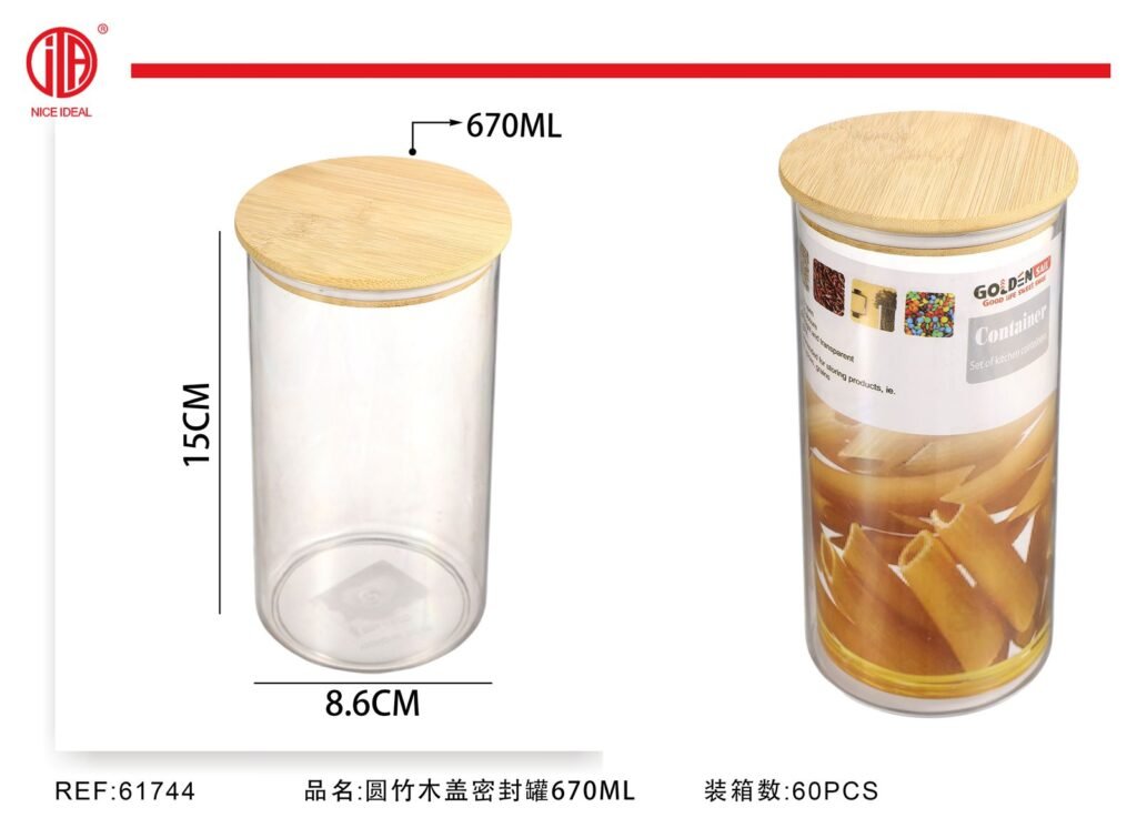 Frasco hermetico redondo con tapa de bambu de 670 ml