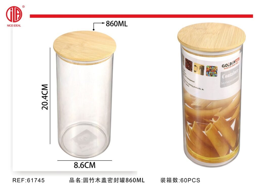 Frasco hermetico redondo con tapa de bambu de 860 ml
