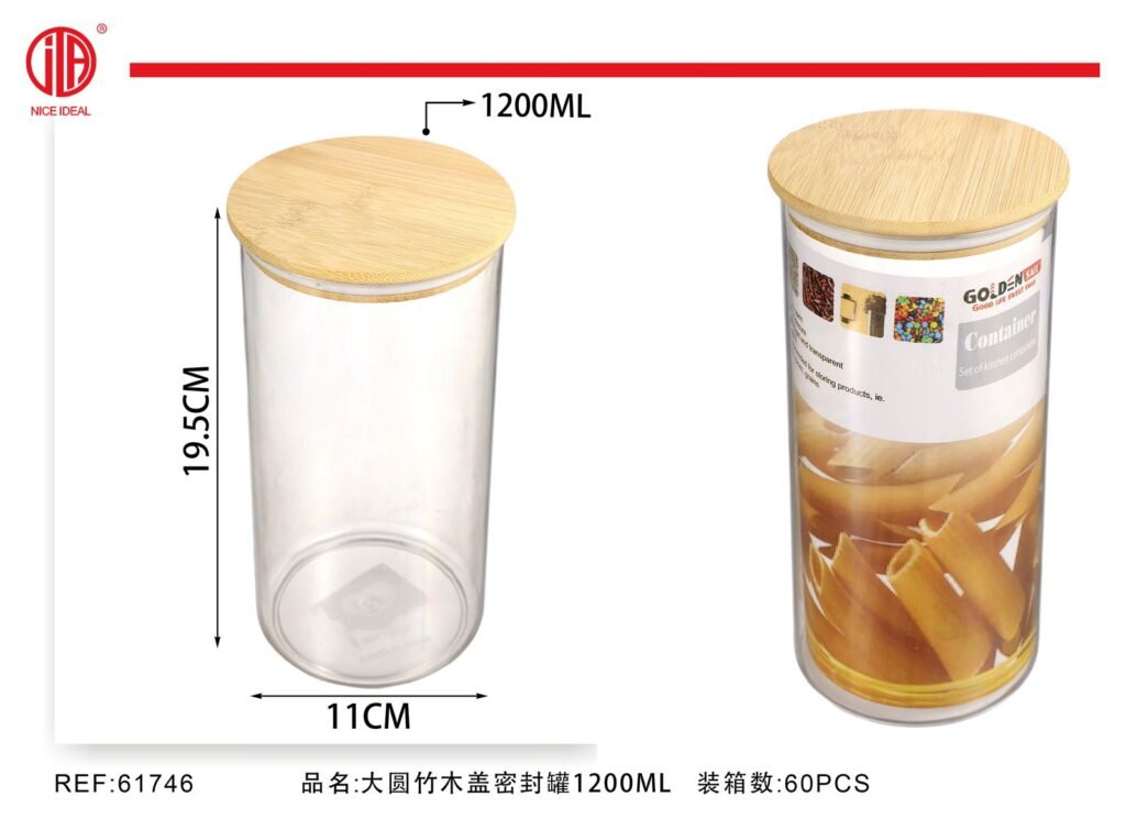 Frasco hermetico redondo con tapa de bambu de 1200 ml