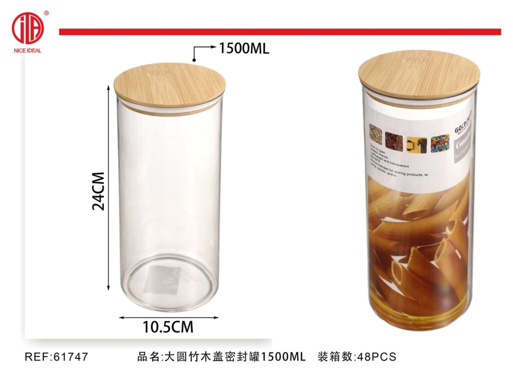 Frasco hermetico redondo con tapa de bambu de 1500 ml
