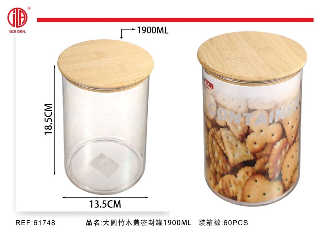 Frasco hermetico redondo con tapa de bambu de 1900 ml