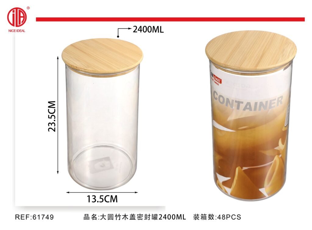 Frasco hermetico redondo con tapa de bambu de 2400 ml