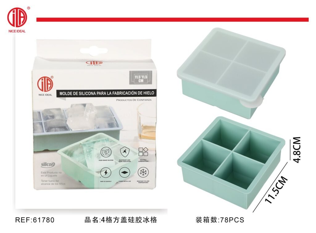 Molde de silicona con tapa para 4 cubos de hielo grandes