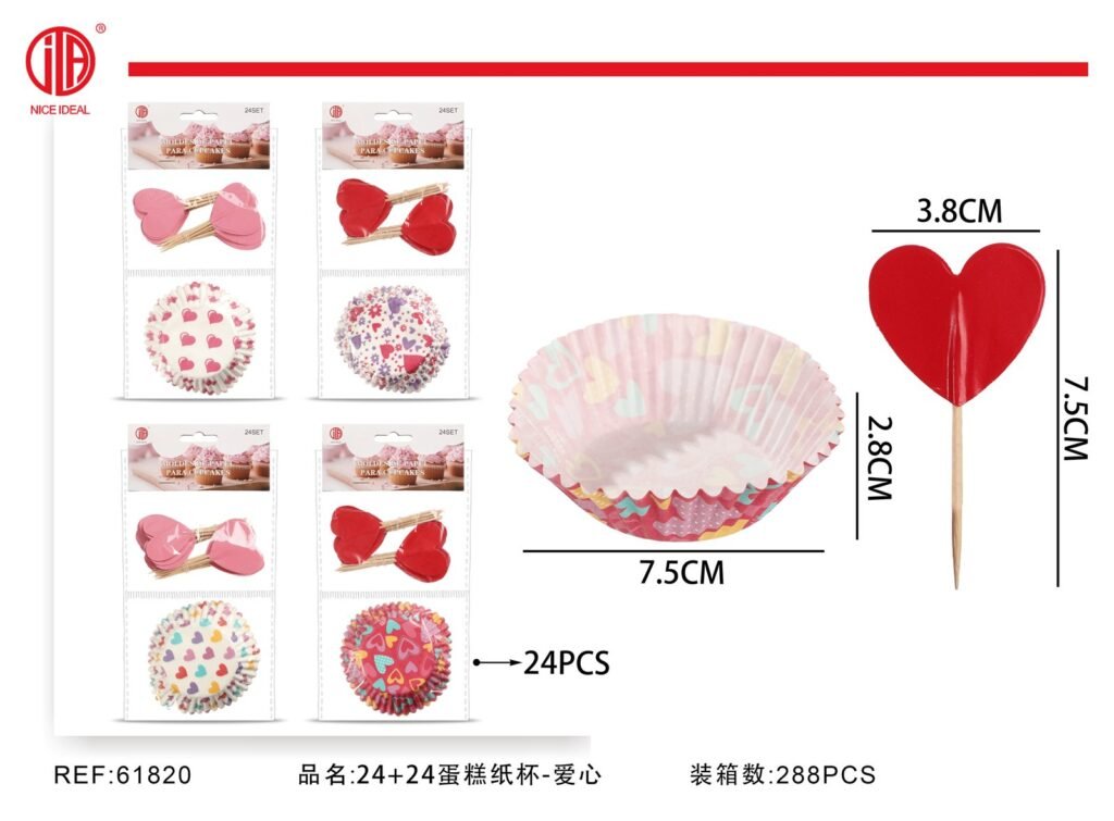Set de 24 moldes y 24 toppers para cupcakes, lunares y corazones