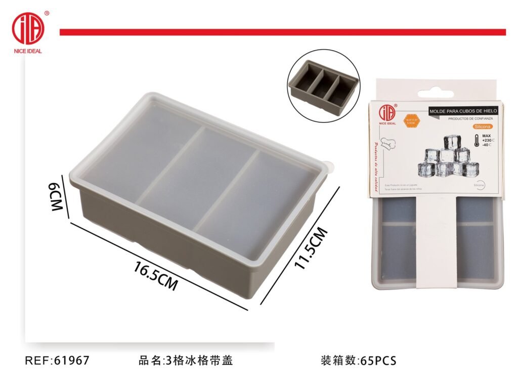 Molde de silicona con tapa para 3 cubos de hielo grandes