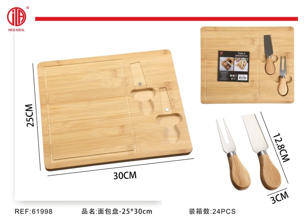 Tabla de aperitivo de bambu con cuchillo y tenedor para queso, 30 x 25 cm