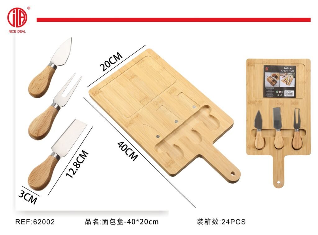 Tabla de aperitivo de bambu con 3 utensilios para queso, 40 x 20 cm