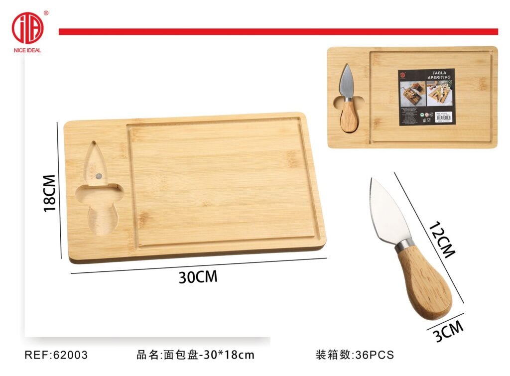 Tabla de aperitivo de bambu con cuchillo para queso, 30 x 18 cm