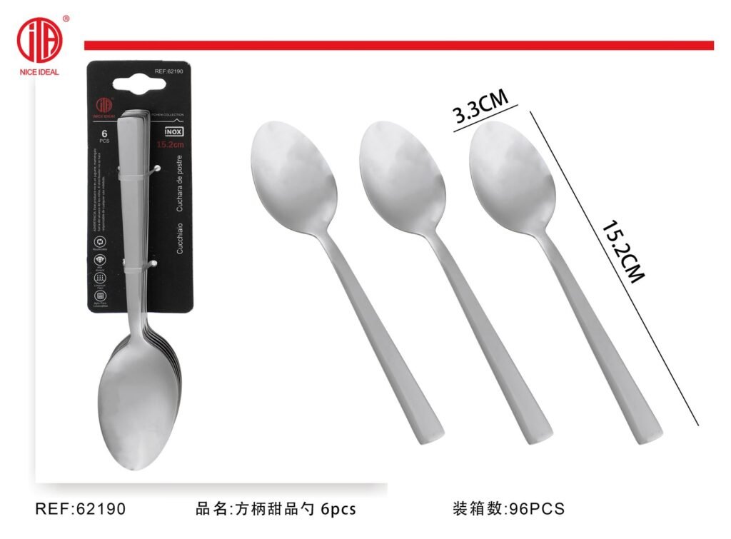 Set de 6 cucharas de postre con mango rectangular, 15,2 cm